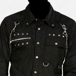 <b>Men's</b> Black Gothic Long Sleeve Shirt with Detachable Shoulder Chains, Metal Pyramid <b>Studs</b>, and Zipper Pockets - Product Image 5