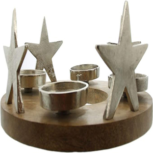 Couronne de Noël en aluminium et bois avec étoiles argentées et porte-bougies chauffe-plat - Product Image 2