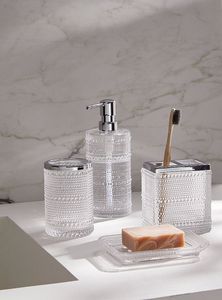 Ensemble d'accessoires de salle de bain en verre de luxe avec couvercles en métal doré, distributeur de savon rechargeable et pots de rangement avec boutons en cristal - Product Image 3