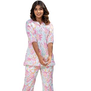 Conjunto de 2 piezas de pijama de algodón con estampado Floral para verano, traje de noche largo hasta el tobillo con cuello en V - Product Image 3