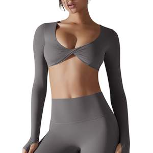 Top Deportivo Corto de Yoga para Mujer, Manga Larga, con Detalle Trenzado en la Parte Delantera, para Gimnasio, Entrenamiento, Fitness, Ropa Deportiva Activa, Venta al Por Mayor Personalizada - Product Image 1
