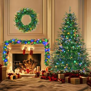 6FT Pre-Lit Aspen Fir Christmas <b>Tree</b> with Wreath Garland 380 Multi-Color LED <b>Lights</b> Christmas <b>Tree</b> in Grass Green - Product Image 2