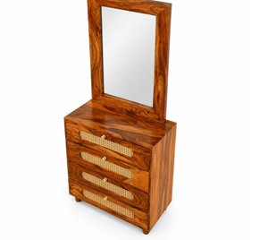 Mid-Century Modern Solid Wood Rattan <b>Dressing</b> Table | 4 Drawer Cane Webbing Vanity with Mirror | Wholesale Bedroom Furniture - Product Image 6