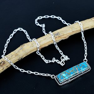 Collier barre artisanal en turquoise bleue naturelle à 100 %, plaqué argent 925, création de designer - Product Image 1