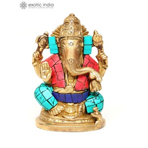 Intrincado 4 \ "Lord Ganesha Escultura de latón Bendición abundante con intrincado trabajo de incrustaciones Estatua pequeña - Product Image 2