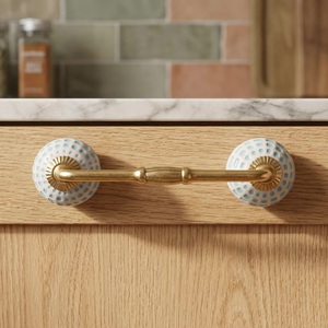 Modern <b>Ceramic</b> Drawer Pull Faceted Aqua <b>Ceramic</b> Brass Finish Ornate Floral Design for Cabinets Drawers Living Room - Product Image 2