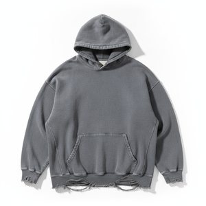 Sweat-shirt à capuche oversize pour homme, gris uni, en molleton de coton, avec ourlet délavé et poches, style automne - Product Image 4