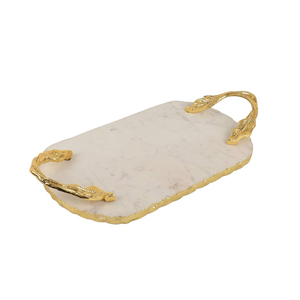 Plateau de service rectangulaire décoratif en marbre blanc naturel fait main avec poignées en laiton à motif feuille d'or polie pour la décoration intérieure - Product Image 2