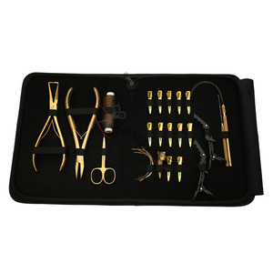 High Quality Gold Salon Hair Extension Tool Kit with 7 Inch Pliers Flat <b>Crimping</b> Plier Loop Tool Hook Tool Curved Sewing Needles - Product Image 1