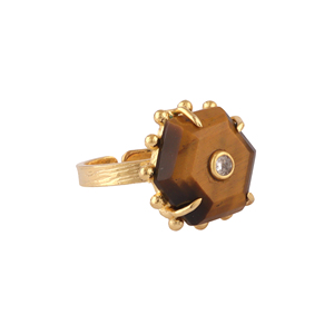 Best selling <b>ring</b> hexagon cut natural tiger eye <b>adjustable</b> <b>ring</b> solid brass 18k gold plated beaded designer prong setting <b>rings</b> - Product Image 2