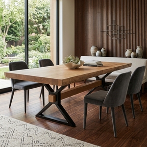Mesa de Comedor de Madera Maciza de Suar con Borde Natural, Patas de Metal Negro con Base Cruzada, Muebles de Cocina Rústicos Industriales, Losa Natural - Product Image 3