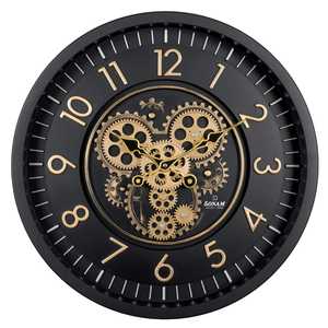 Horloge murale mécanique industrielle SONAM, analogique, silencieuse, noire, avec engrenages dorés, design circulaire pour la maison, le bureau, la cuisine - Product Image 1