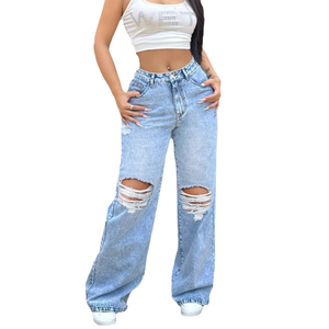 Jeans de Mujer Y2K de Cintura Alta y Pierna Ancha, Lavado Claro, Desgastados, Pantalones de Mezclilla Casuales - Product Image 1