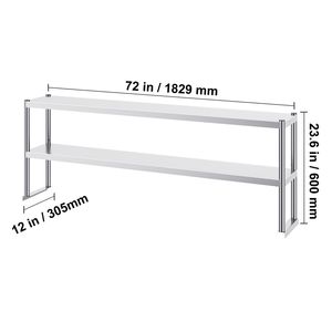 Tavolo da Lavoro Commerciale a Doppio Ripiano in Acciaio Inossidabile, 12 x 72 Pollici, Altezza Regolabile, con Ripiano Superiore, per Cucina Professionale - Product Image 2