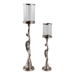 Set Of <b>Hurricane</b> <b>Candle</b> Holders Features Striking Organic Form Base With Textured Metallic Finish With Clear Glass Cylinders - Product Image 2