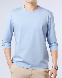 Men's Long Sleeve O Neck Solid Knitted Breathable T-Shirt Regular Fit Casual Wear Printed Front Plain Dyed Light Blue 180g - Product Image 1