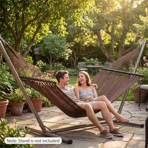 2 Person Brown Double <b>Hammock</b> for Patio Garden 600lbs Weight Capacity Made of Wood and Polyester for Hotels - Product Image 3