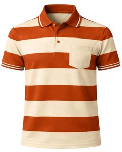 เสื้อโปโลผู้ชายสีส้มสนิมลายทางพร้อมกระเป๋าเสื้อ ผ้าฝ้ายทรงคลาสสิก แขนสั้น ผลิตโดยผู้ผลิต OEM จำหน่ายส่ง - Product Image 1