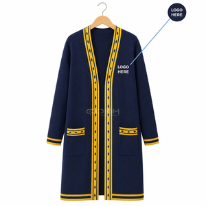 Cosh International Sorority Sisterhood Acrylic <b>Navy</b> <b>Blue</b> Long Knitted <b>Cardigan</b> With Yellow Contrast Trim And Pockets V-Neck - Product Image 1