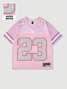 ออกแบบเสื้อเจอร์ซีย์ตาข่ายโพลีเอสเตอร์สไตล์ Y2K ลำลอง น้ำหนักเบา คอวี ลายพราง ประดับเพชร แบบครอป เสื้อเจอร์ซีย์อเมริกันฟุตบอล - Product Image 5
