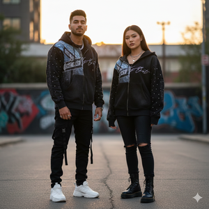 Sudaderas con capucha de alta calidad, personalizadas con pedrería, logotipos serigrafiados, estilo streetwear, corte holgado, efecto desgastado por el sol, con cremallera. - Product Image 4