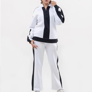Trendy Plus Size Sporty Tracksuit Set <b>White</b> Black Color Blocking Full Sleeve Half Zip Loose Fit Sweatshirt <b>Joggers</b> Pants OEM - Product Image 1