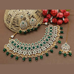 Conjunto de Collar Clásico Chapado en Oro con Kundan y Cuentas, con Perla de Agua Dulce, Cristal Verde de Imitación, Estilo Religioso-NS619 - Product Image 1