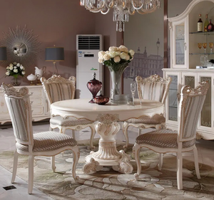 Ensemble de table à manger en teck massif blanc de luxe, style européen classique, sculpté, écologique, durable, pour hôtel, appartement, salle à manger - Product Image 2