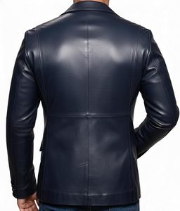 Men's Navy Blue Leather Blazer Slim Fit Turn-down Collar Single Button <b>Smart</b> <b>Casual</b> Autumn Wear - Product Image 6