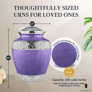 Urne funéraire en métal finition perle violette pour cendres humaines adultes |   Bandes décoratives en argent gravées |   220 pouces cubes écologiques - Product Image 4