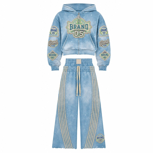 Women Solid Washed Varsity Patch Zip Hoodie Wide Leg Pants Set Rhinestone Studded Side Stripe <b>Y2K</b> Streetwear Customized - Product Image 2
