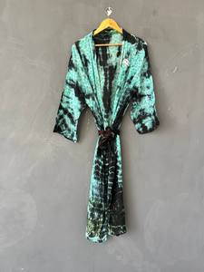 Robe kimono longue en coton tie-dye à col en V pour femme, robe de plage bohème faite à la main en coton, couverture de plage colorée tie-dye, légère et résistante - Product Image 5