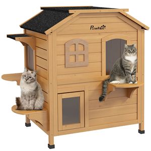 Casetta Classica per Gatti a 2 Piani da Esterno con Porta di Fuga, Design Rettangolare, 4 Piattaforme, Stile Naturale, in Legno di Abete, Rifugio per Gatti Randagi, Tetto in Asfalto - Product Image 1