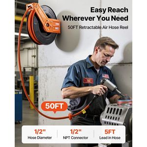 Avvolgitubo Automatico per Compressore d'Aria 1/2 Pollice x 50 Piedi, 300 PSI Max, in Gomma, con Cavo da 5 Piedi Incluso - Product Image 2