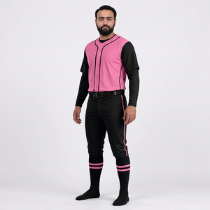 Conjunto de Uniforme de Béisbol para Hombre, Rosa y Negro, Manga Corta, Cuello en V, Pantalones Transpirables, Cierre de Botones, Ajuste Personalizado, para Todas las Temporadas, 100% - Product Image 3