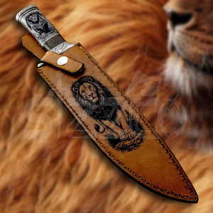 Custom Handmade Damascus Steel Bowie <b>Knife</b> with Lion King Engraved <b>Handle</b> & Leather Sheath Hunting Camping OEM Ideal Gift - Product Image 6