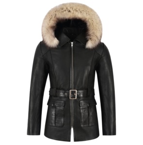 Women's Genuine <b>Leather</b> Bomber <b>Jacket</b> With Fur Hood Zipper Closure <b>Winter</b> Windproof Regular Length Solid Color - Product Image 6