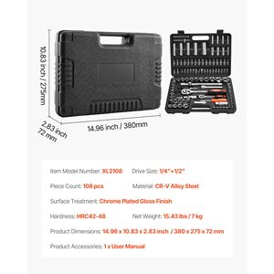 Set di chiavi a bussola da 108 pezzi con attacco da 1/4 e 1/2 pollice, misure metriche 4-32mm, bussole profonde, kit di attrezzi per meccanici - Product Image 4