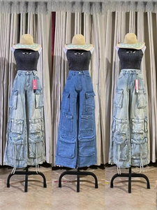 Women Mid Waist Flat Solid Denim Wide Leg Loose Fit Full Length Medium Wash Vintage Hip Hop Elastic Waist Casual Spring Pants - Product Image 5