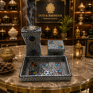 Ensemble brûleur à bakhoor en métal artisanal clouté avec plateau et boîte de rangement, incrustation en résine mosaïque, Mabkhara arabe, décoration d'intérieur et cadeau de Ramadan - Product Image 1