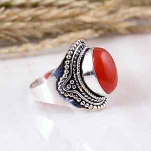 SHYAM JEWELRS Handmade 925 Sterling <b>Silver</b> Orange Carnelian Vintage Boho Beaded Unisex Religious <b>Statement</b> <b>Ring</b> - Product Image 2