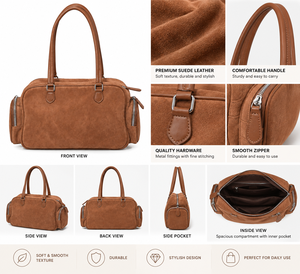 <b>Brown</b> Suede Women Saddle Bag Shoulder Handbag Zipper Closure Large Capacity Vintage Travel Purse Fashion Party Daily Use - Product Image 2