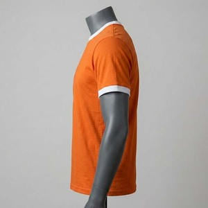 Men's <b>Orange</b> Ringer <b>T</b>-<b>Shirt</b> Short Sleeve O-Neck Contrast Trim Loose Fit Casual 100% Cotton Knitted Solid Color Anti-Wrinkle - Product Image 3