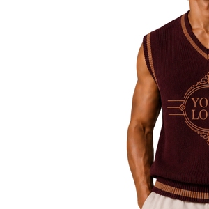 Chaleco de Punto para Hombre, Color Borgoña con Rayas en Contraste Camel, Cuello en V, Sin Mangas, Personalizable con Logotipo, Lana Acrílica, Venta al Por Mayor - Product Image 3