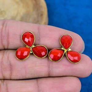 Handmade Red Coral Pear Shape Gemstone Stud Earrings 18k Gold Micron Over 925 <b>Sterling</b> <b>Silver</b> - Product Image 2