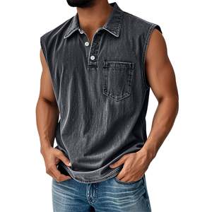 Factory Directly Wholesale OEM Sleeveless Shirts for Men Vintage Distressed Washed Button V Neck Polo Shirts Vintage Gym Tops - Product Image 2