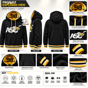 Sweat à capuche noir pour homme avec logo ASU Bee et bordure jaune – Vêtement d'hiver décontracté, coupe régulière, respirant, coupe-vent, en molleton écologique - Product Image 5