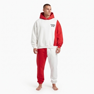 Ensemble de survêtement décontracté pour homme, rouge et blanc, à blocs de couleur, avec capuche, manches longues, cordon de serrage et poches latérales, logo personnalisé sur le devant - Product Image 3
