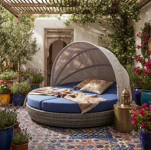 Cama de día redonda de ratán de lujo para exteriores con toldo retráctil, tumbona impermeable para jardín, patio, piscina, salón de ocio moderno - Product Image 6