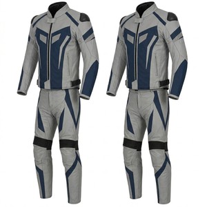 Men's Full Sleeve Leather Motorcycle <b>Racing</b> Suit Gray Blue Color Blocked Windproof All Seasons Wear - Product Image 2